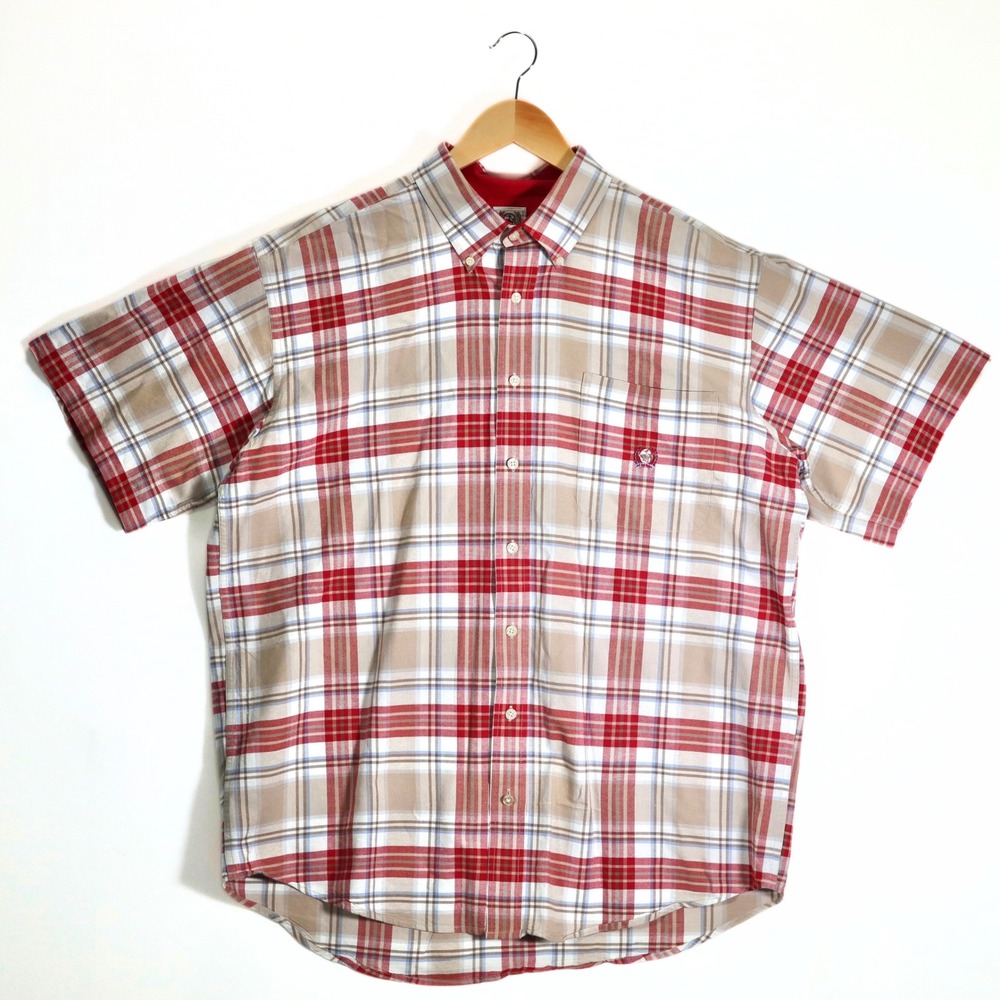 Chaps Button Down Shirt Mens XL Red Tan Plaid Short Sleeve Casual Office
